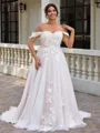 A-line Off-the-Shoulder Appliques Lace Sweep Train Tulle Corset Plus Size Wedding Dress