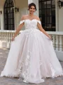 A-line Off-the-Shoulder Appliques Lace Sweep Train Tulle Corset Plus Size Wedding Dress