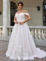 A-line Off-the-Shoulder Appliques Lace Sweep Train Tulle Corset Plus Size Wedding Dress