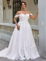A-line Off-the-Shoulder Appliques Lace Sweep Train Tulle Corset Plus Size Wedding Dress