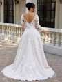 A-line V-neck 3/4 Sleeves Appliques Lace Sweep Train Tulle Corset Plus Size Wedding Dress