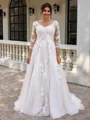 A-line V-neck 3/4 Sleeves Appliques Lace Sweep Train Tulle Corset Plus Size Wedding Dress