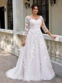 A-line V-neck 3/4 Sleeves Appliques Lace Sweep Train Tulle Corset Plus Size Wedding Dress