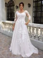 A-line V-neck 3/4 Sleeves Appliques Lace Sweep Train Tulle Corset Plus Size Wedding Dress
