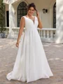 A-line V-neck Pleated Sweep Train Corset Plus Size Wedding Dress