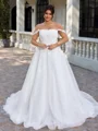 A-line Off-the-Shoulder Appliques Lace Court Train Tulle Corset Plus Size Wedding Dress