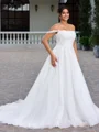 A-line Off-the-Shoulder Appliques Lace Court Train Tulle Corset Plus Size Wedding Dress