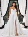 A-line Sweetheart Pleated Sweep Train Satin Corset Plus Size Wedding Dress