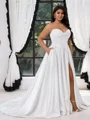 A-line Sweetheart Pleated Sweep Train Satin Corset Plus Size Wedding Dress