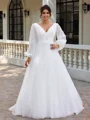 A-line V-neck Long Sleeves Appliques Lace Sweep Train Tulle Corset Plus Size Wedding Dress