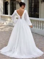 A-line V-neck Long Sleeves Appliques Lace Sweep Train Tulle Corset Plus Size Wedding Dress