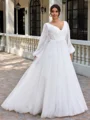 A-line V-neck Long Sleeves Appliques Lace Sweep Train Tulle Corset Plus Size Wedding Dress