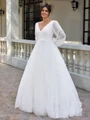 A-line V-neck Long Sleeves Appliques Lace Sweep Train Tulle Corset Plus Size Wedding Dress