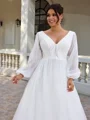 A-line V-neck Long Sleeves Appliques Lace Sweep Train Tulle Corset Plus Size Wedding Dress