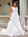 A-line V-neck Appliques Lace Court Train Tulle Plus Size Wedding Dress