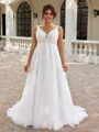 A-line V-neck Appliques Lace Court Train Tulle Plus Size Wedding Dress
