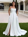 A-line Spaghetti Straps Pleated Sweep Train Charmeuse Corset Plus Size Wedding Dress