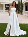 A-line Spaghetti Straps Pleated Sweep Train Charmeuse Corset Plus Size Wedding Dress