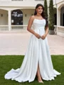 A-line Spaghetti Straps Pleated Sweep Train Charmeuse Corset Plus Size Wedding Dress