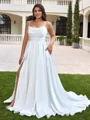 A-line Spaghetti Straps Pleated Sweep Train Charmeuse Corset Plus Size Wedding Dress