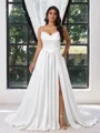 A-line Spaghetti Straps Pleated Sweep Train Charmeuse Corset Plus Size Wedding Dress