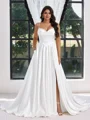 A-line Spaghetti Straps Pleated Sweep Train Charmeuse Corset Plus Size Wedding Dress