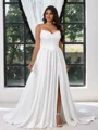 A-line Spaghetti Straps Pleated Sweep Train Charmeuse Corset Plus Size Wedding Dress
