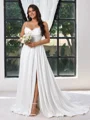 A-line Spaghetti Straps Pleated Sweep Train Charmeuse Corset Plus Size Wedding Dress
