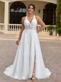 A-line V-neck Appliques Lace Court Train Tulle Corset Plus Size Wedding Dress