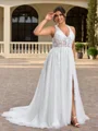 A-line V-neck Appliques Lace Court Train Tulle Corset Plus Size Wedding Dress