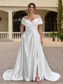 A-line Off-the-Shoulder Pleated Court Train Satin Corset Plus Size Wedding Dress