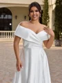 A-line Off-the-Shoulder Pleated Court Train Satin Corset Plus Size Wedding Dress
