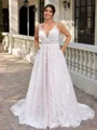 A-line Scoop Appliques Lace Court Train Tulle Corset Plus Size Wedding Dress