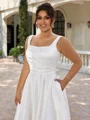A-line Square Pleated Court Train Satin Plus Size Wedding Dress