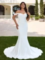 Sheath Off-the-Shoulder Pleated Court Train Satin Corset Plus Size Wedding Dress