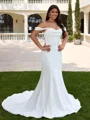 Sheath Off-the-Shoulder Pleated Court Train Satin Corset Plus Size Wedding Dress