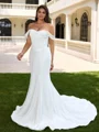 Sheath Off-the-Shoulder Pleated Court Train Satin Corset Plus Size Wedding Dress