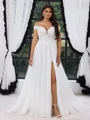 A-line Off-the-Shoulder Appliques Lace Court Train Tulle Corset Plus Size Wedding Dress