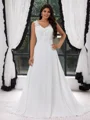 A-line V-neck Appliques Lace Sweep Train Chiffon Corset Plus Size Wedding Dress