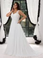 A-line V-neck Appliques Lace Sweep Train Chiffon Corset Plus Size Wedding Dress