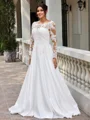 A-line Scoop Long Sleeves Appliques Lace Court Train Satin Plus Size Wedding Dress