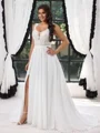 A-line Straps Appliques Lace Sweep Train Chiffon Plus Size Wedding Dress