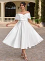 A-line Off-the-Shoulder Pleated Tea-Length Satin Corset Plus Size Wedding Dress