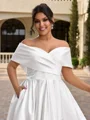 A-line Off-the-Shoulder Pleated Tea-Length Satin Corset Plus Size Wedding Dress