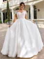 A-line Scoop Long Sleeves Appliques Lace Sweep Train Organza Plus Size Wedding Dress