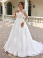 A-line Scoop Long Sleeves Appliques Lace Sweep Train Organza Plus Size Wedding Dress