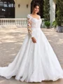A-line Scoop Long Sleeves Appliques Lace Sweep Train Organza Plus Size Wedding Dress