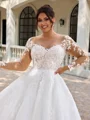 A-line Scoop Long Sleeves Appliques Lace Sweep Train Organza Plus Size Wedding Dress