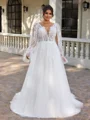 A-line V-neck Long Sleeves Appliques Lace Court Train Tulle Plus Size Wedding Dress