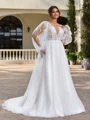 A-line V-neck Long Sleeves Appliques Lace Court Train Tulle Plus Size Wedding Dress